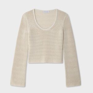 WHITE + WARREN Cotton Knit Tape Fluted Sleeve Sweater Top Ecru Medium $325